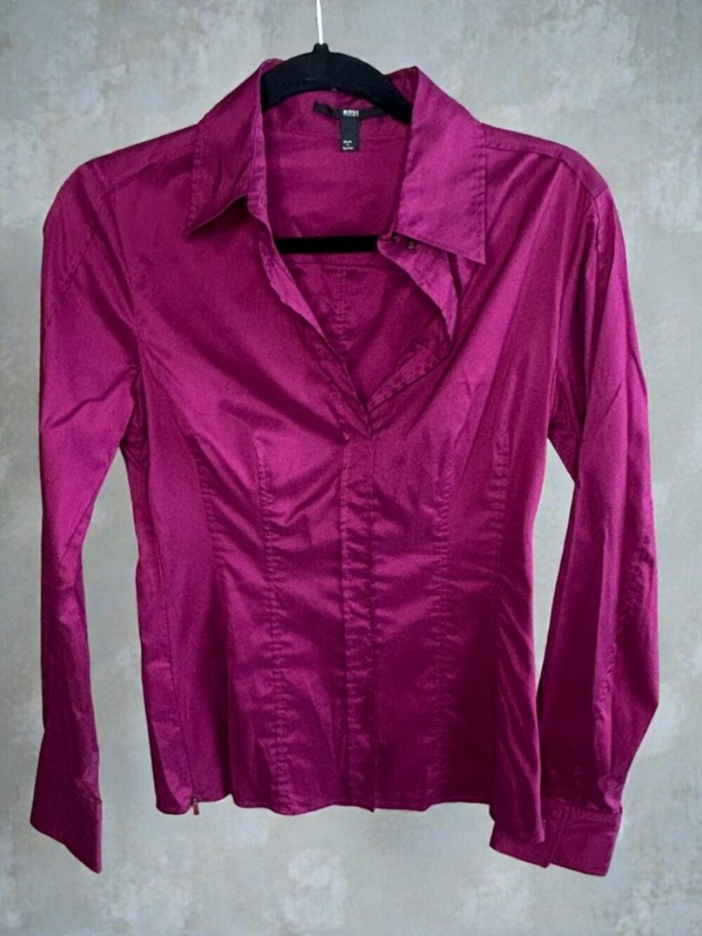 Hugo Boss Bashina Magenta Poplin Side Zippers Long Sleeve Blouse Slim Fit Size 6